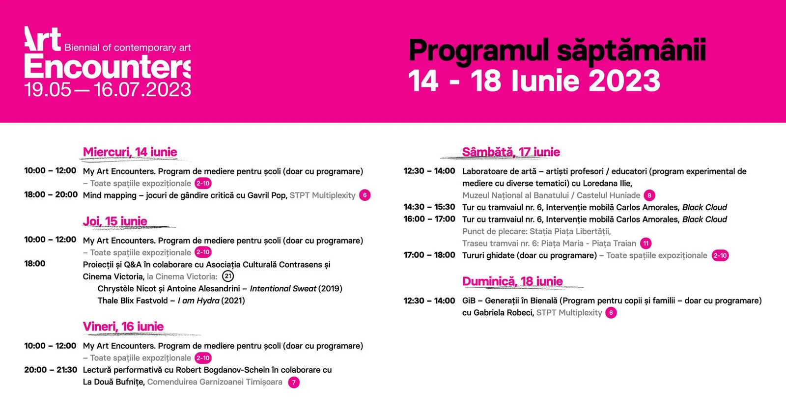 Programul săptămânii 14 - 18 Iunie | Bienala Art Encounters 2023